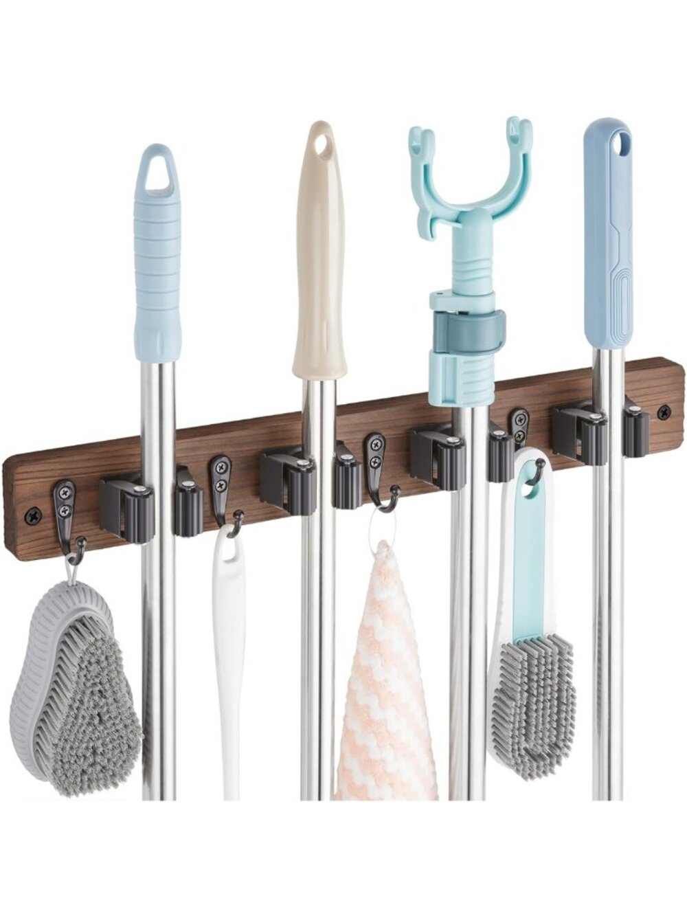 Wood Wall Mount Mop & Broom Holder - 4 Slot Organizer for Garage, Laundry